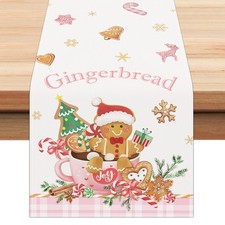 Pink Gingerbread Christmas Table Runner 13x72 Inch Candy Cane Seasonal Decor