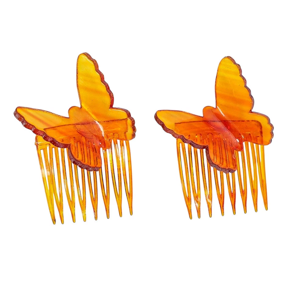 Vintage Amber Celluloid Butterfly Hair Combs, Made in USA – 1940s Factory-Split - Image 2 of 4