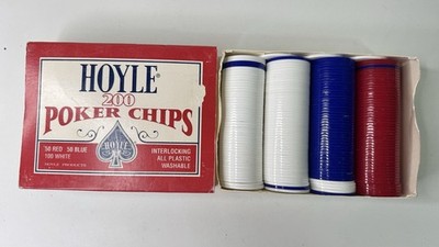 Vintage Hoyle Poker Chips Set Blue Red White Plastic Casino Chips Box