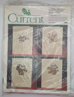 CURRENT Critters Cross Stitch Christmas Cards Kit Set 4 5x7 DMC Cotton 1987