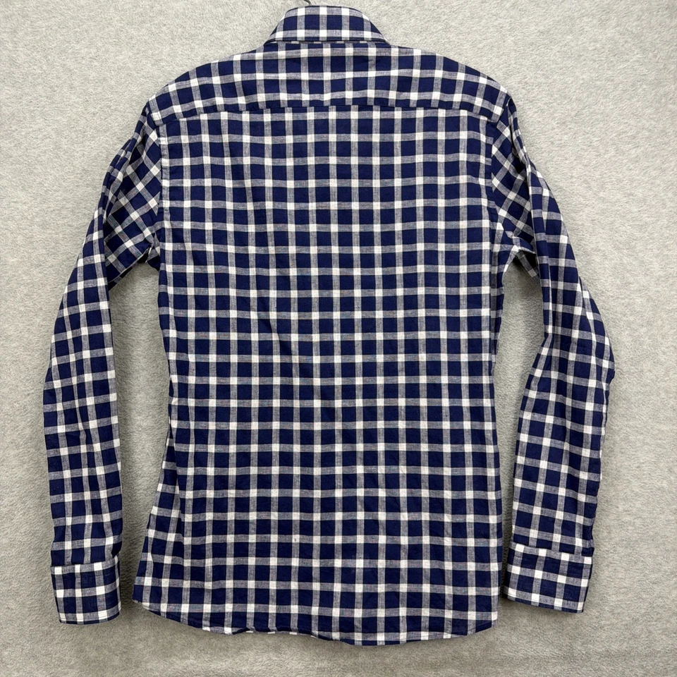 Camisa Ledbury Para Hombre Mediana 15.5 Azul Cuadros Guinga Calce A Medida Ajustado Mezcla de Lino Foto 3 de 4