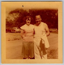Vtg Color Snapshot Happy Couple Outdoors Check Shirt 1960s