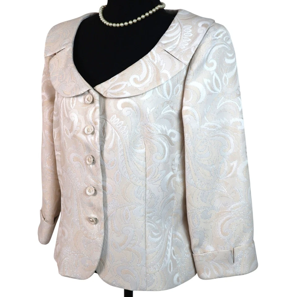 Maggy London SEDA MARFIL CREMA FALDA CONJUNTO TRAJE MUJER 14 BROCADO BRILLANTE METÁLICO Foto 3 de 4