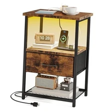  Night Stand with Charging Station, LED Nightstand with Fabric 1 Rustic Brown