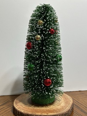 VTG Green Glitter Mercury Bead Flocked Bottle Brush Christmas Tree 14'' tall