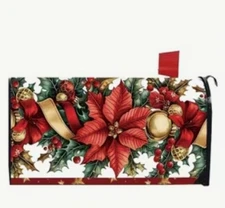 Christmas Mailbox Cover Magnetic 21x18in Poinsettia Ribbon Holly Ornaments