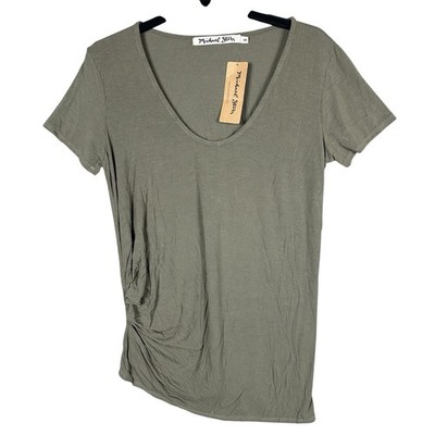 NWT Michael Stars OS Olive Moss Jersey Lycra SS Soft V-Neck Side Ruche Top Shirt