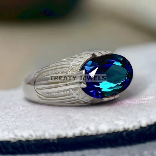 Alexandrite Oval Cut  Gemstone With 14K Solid White Gold Ring For Men's #44