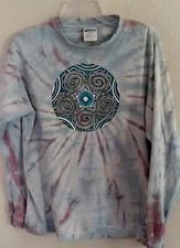 Tultex Gray Long Sleeve Tee Tye Dye Aztec   Turquoise Graphic DAMAGE TO NECK XL