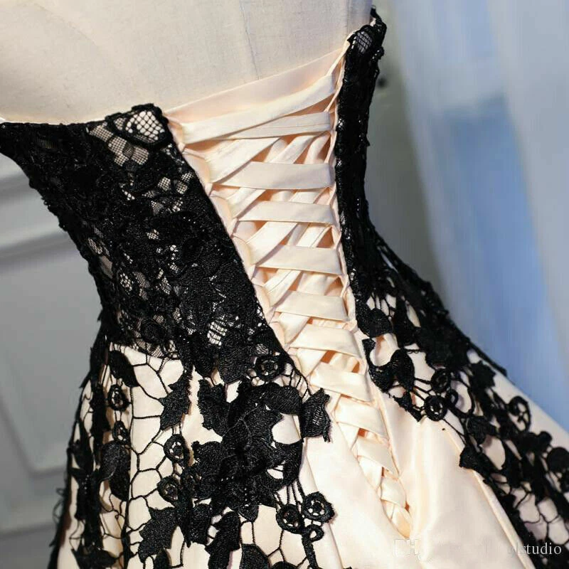 Champagen Wedding Dresses Tea Length Corset Black Lace Sleeveless Bridal Gowns - Image 4 of 4