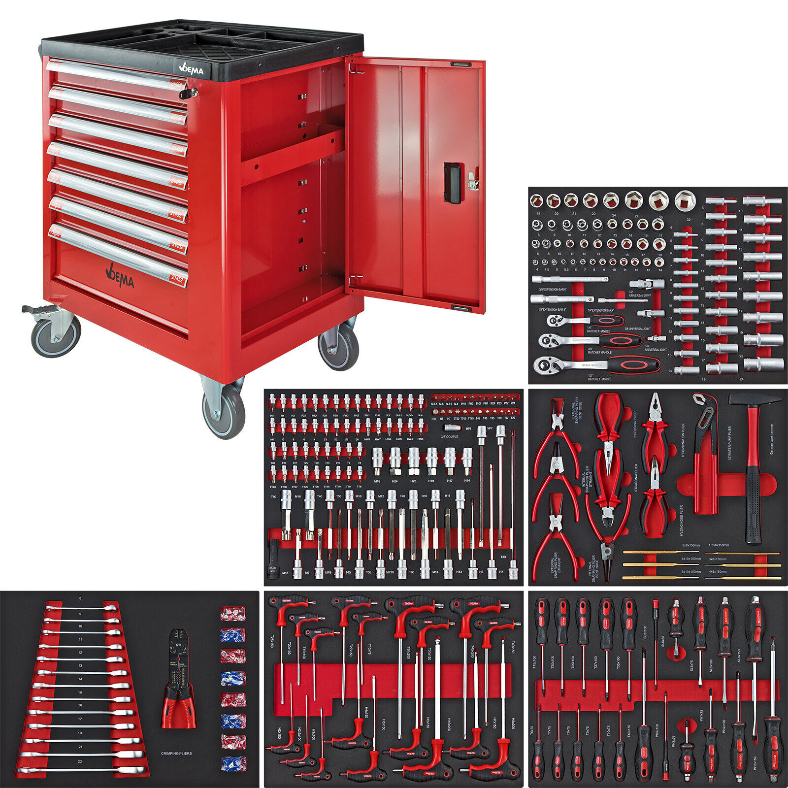 Werkstattwagen Werkzeugwagen Schubladenwagen gefüllt mit Werkzeug 251-tlg. rot