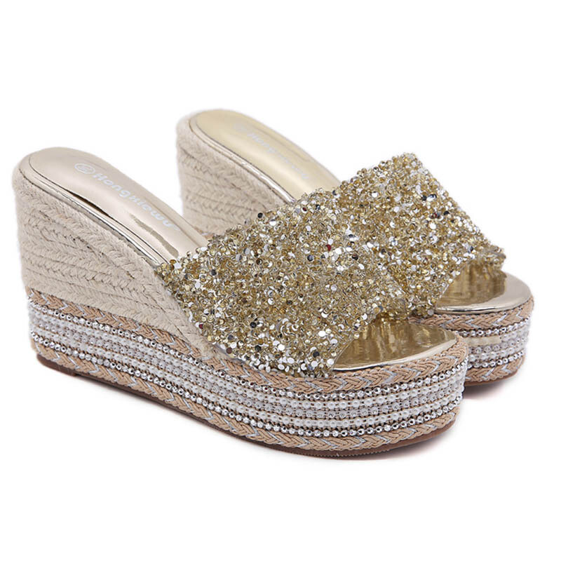 PANTOFOLA D’ORO Sandali estivi strass tacchi inclinati plateau tacchi alti pantofole scarpe