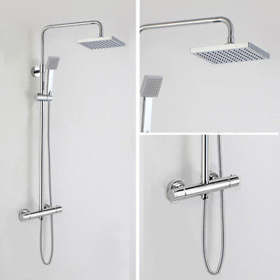 Thermostatic Shower Mixer Square Chrome Bathroom Twin Head Set