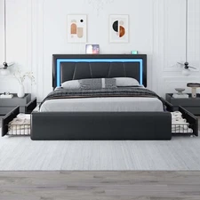 Full Queen Bed Frame with 4 Storage Drawers and Charging Station ＆ LED Lights