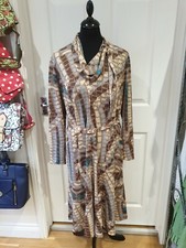 LINDA LEIGH Vintage Dress Brown/Blue/Beige Belted Patterned Classic UK Size 16