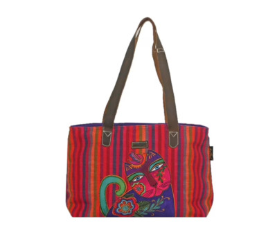 Laurel Burch Women's Cotton Canvas Cat Tote Bag Leather Straps 16'' x 6'' x 10''