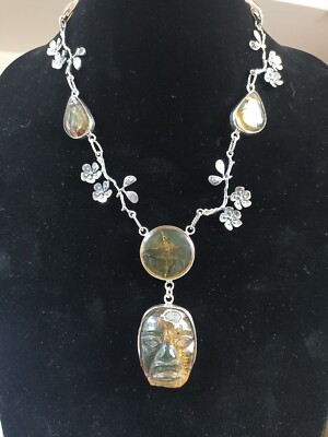 Taxco Carved Chiapas Amber Olmec Head Pendant 950 Sterling Silver 21'' Necklace