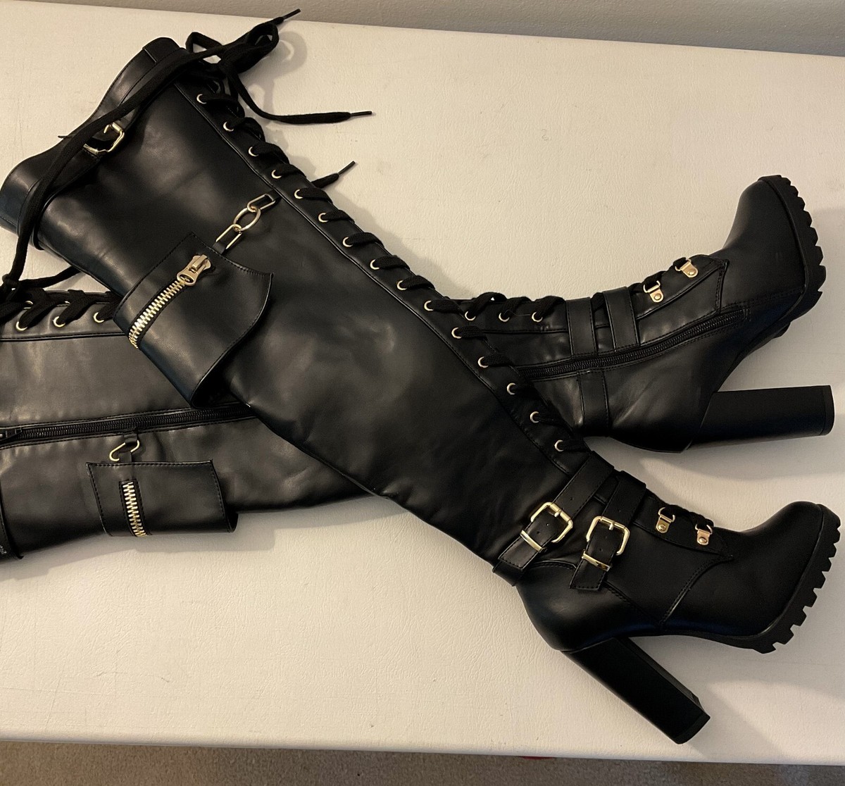 Leather Boots Thigh High Combat Boots With Heel SURGICAL-PROCEED