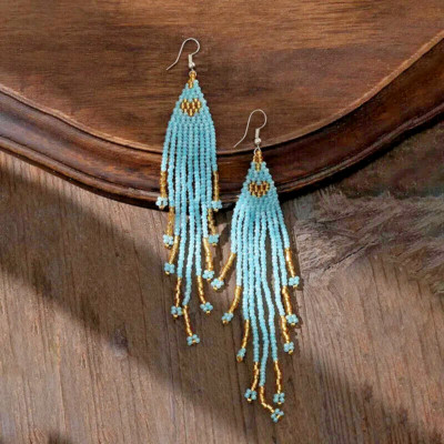 Boho Native American Light Baby Blue Seed Bead Beaded Earrings Fringe ...