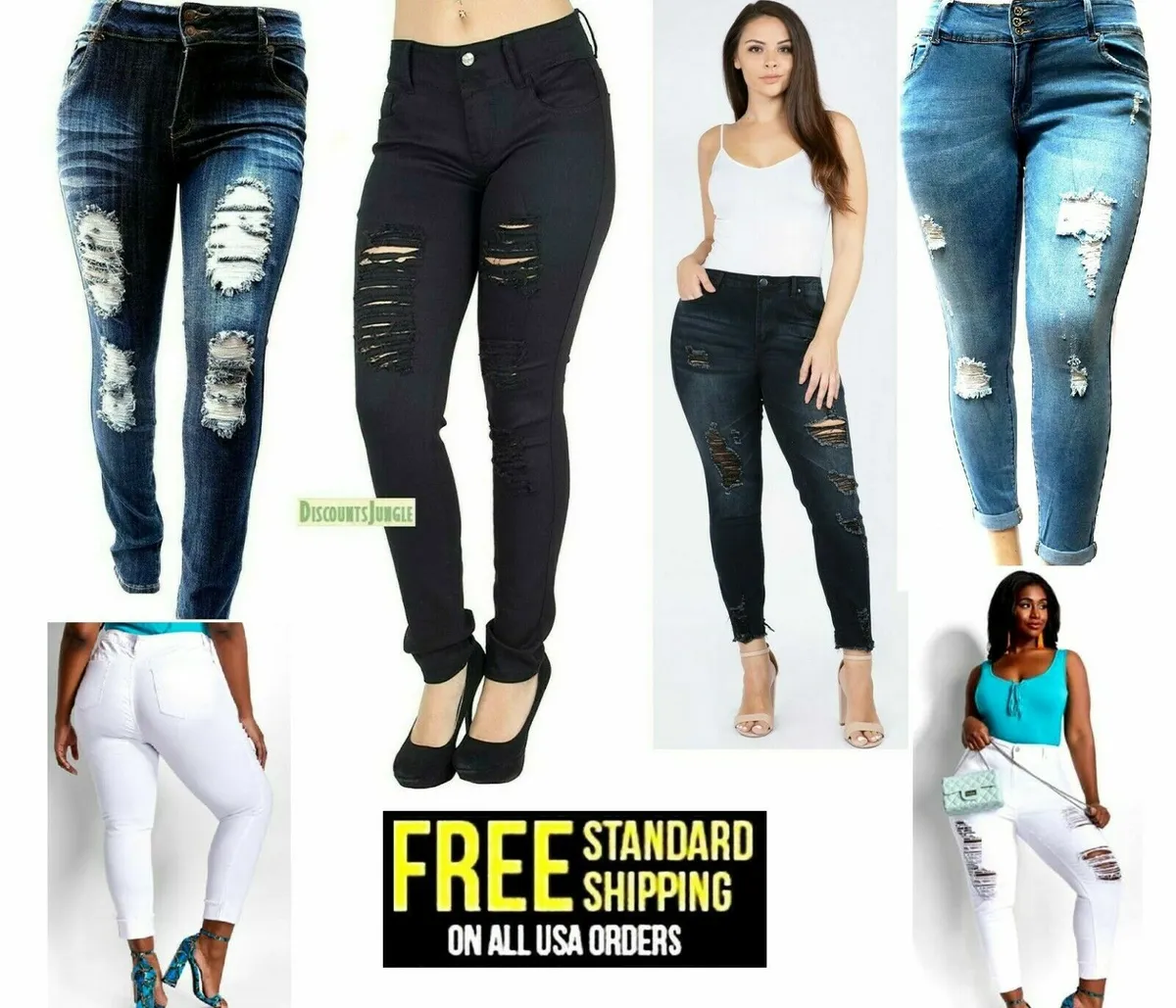 WOMENS PLUS SIZE JEANS Stretch Distressed Ripped SKINNY DENIM PANTS 14 to 34