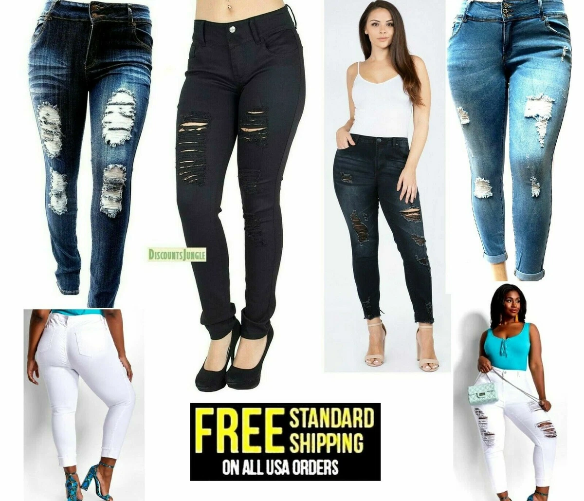 WOMENS PLUS SIZE JEANS Stretch Distressed Ripped SKINNY DENIM PANTS 14 to  34