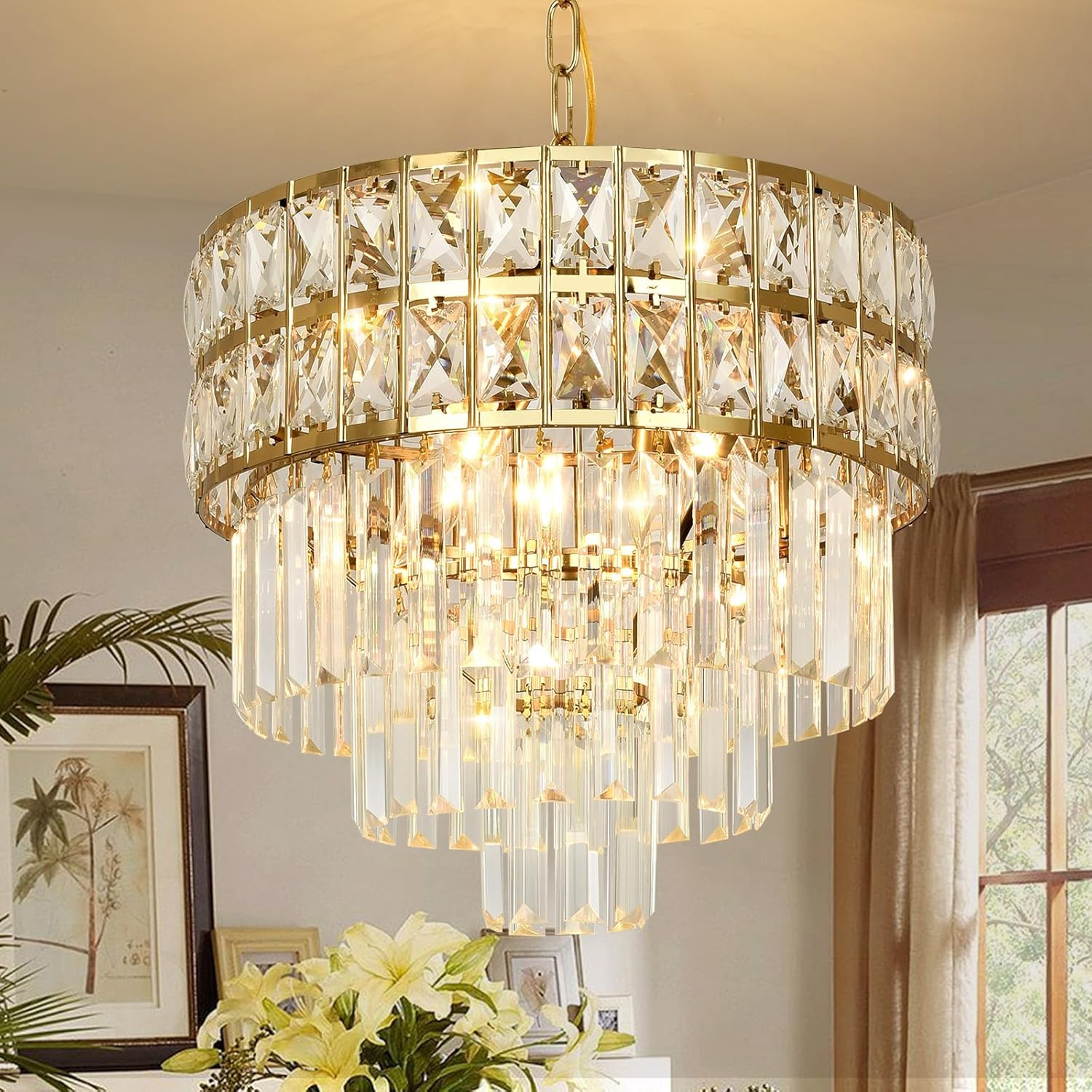 Modern Crystal Chandelier Gold Pendant, round Crystal Light Fixture Hanging Lamp