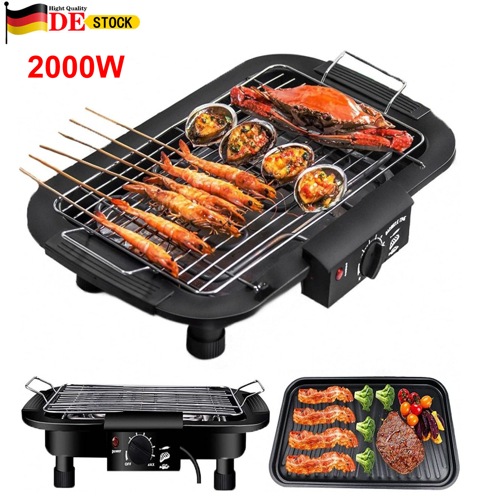 Elektrischer Tischgrill Balkongrill BBQ Elektrogrill Gartengrill 2000W schwarz