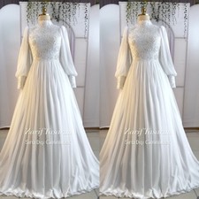 Muslim Wedding Dresses High Neck Long Puff Sleeve Lace Appliques Bridal Gowns