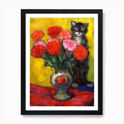 Nelke mit Katze 3 Fauvisten Stil gerahmtes Wandbild Poster Leinwanddruck Bild