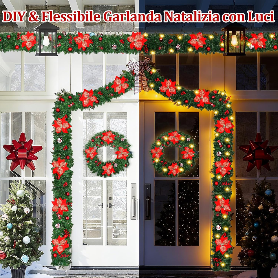 Ghirlanda Natalizia con Luci,1,8 Metri con 20 Luci LED, Bacche Rosse e Foglie Verdi,Ghirlande Natalizia per Decorare il Soggiorno,Ghirlanda Natalizia per Porta (Style 1