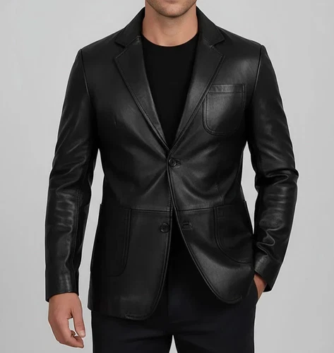 Men's Black Genuine Leather Blazer Classic Slim Fit Business Casual Jacket video thumbnail