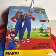 Super Mario Bros Costume Youth Large 10-12 Halloween Jumpsuit Hat mustache new