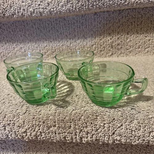 4 Uranium / Vaseline BLOCK OPTIC COFFEE CUP Green Depression Glass