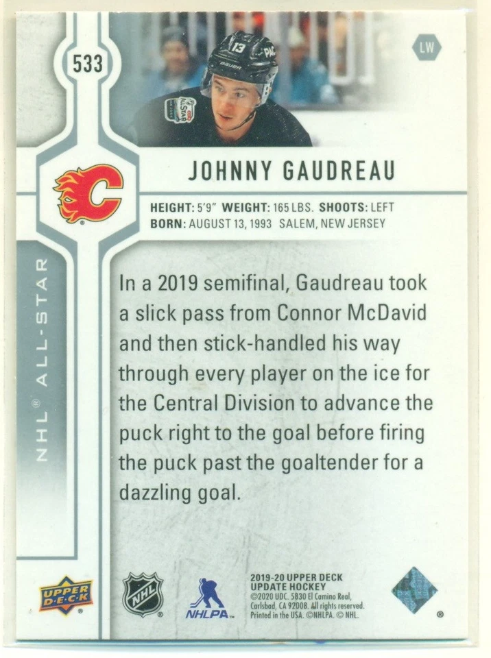 2019-20 SP Authentic Upper Deck Update #533 JOHNNY GAUDREAU Flames ALL-STAR - Image 2 of 2