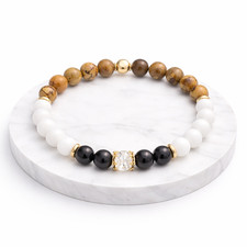 Natural Picture Jasper Obsidian Jade Stretch Bracelet 8mm Gold Accent Jewelry