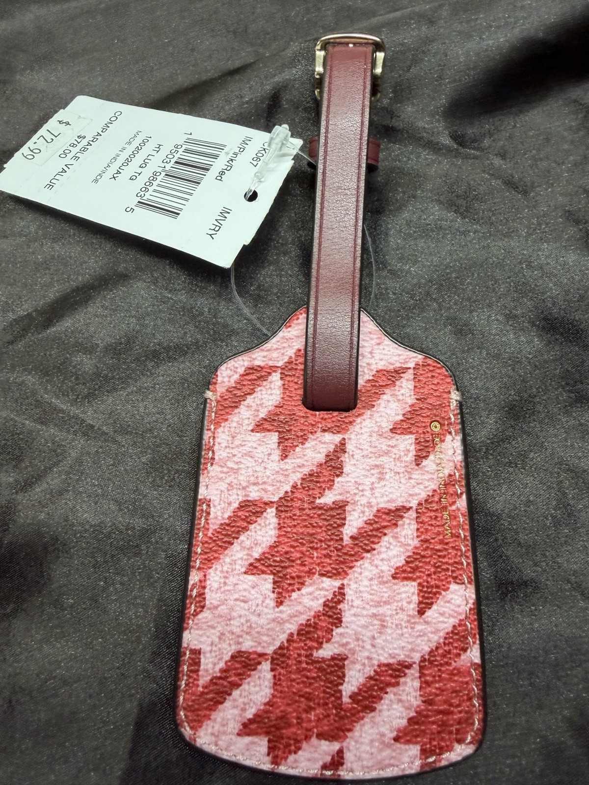 Coach Red and Pink Houndstooth Print Luggage Tag NWT thumbnail 3