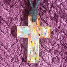 Murano Styled Glass Multi-Color Cross Pendant Necklace