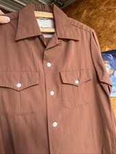 50s Brown Gabardine Long Sleeve Button Up Loop Collar Shirt Rockabilly Small