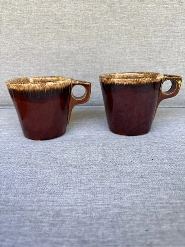 (2) VTG Hull Pottery Coffee Mug Cup Brown Drip Glaze Oven Proof USA