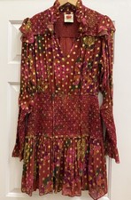 FARM Rio Burgundy Floral Gold Metallic Smocked Mini Dress Beaded Tassels S