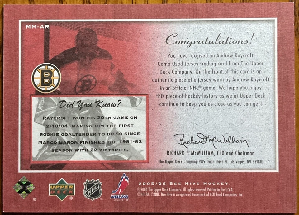 2005-06 Beehive Matted Materials Andrew Raycroft #MM-AR Boston Bruins - Image 2 of 2