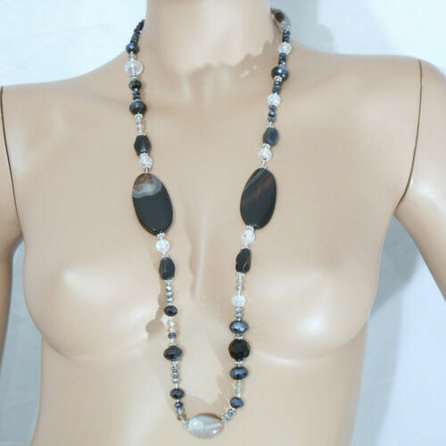 Collier Sautoir Vintage Perles Résine Blanc Nacré Et Fleurs Verre Bleu - Bijou Occasion