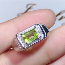 Natural Peridot Gemstone with 14K White Gold Plated Silver Ring for Men's #1385