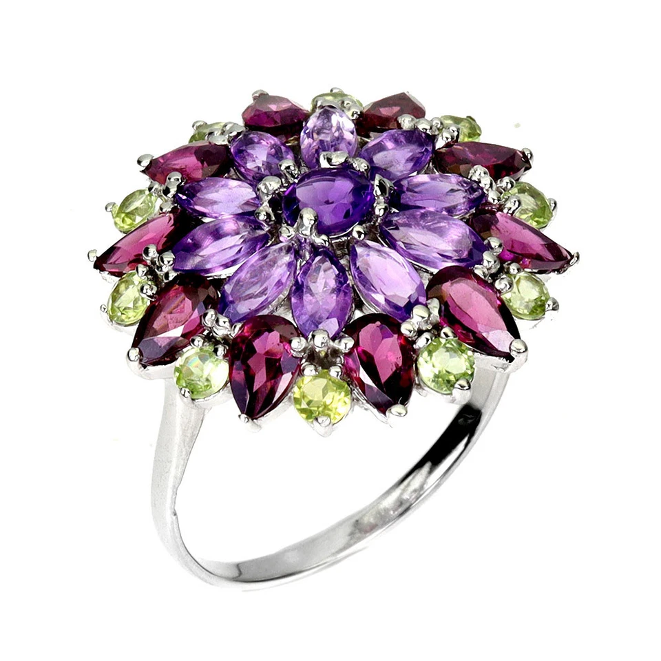 925 Sterling Silver Ring Pear Rhodolite Garnet Peridot Gemstone Jewelry Size 8 - Image 2 of 4