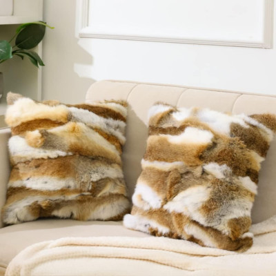 Set of 2 Luxury Rabbit Fur Throw Pillow Covers for Cozy Home Decor