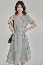 Fashion Casual Women's Button Knee High Dress Belt Short Sleeve A line Dress