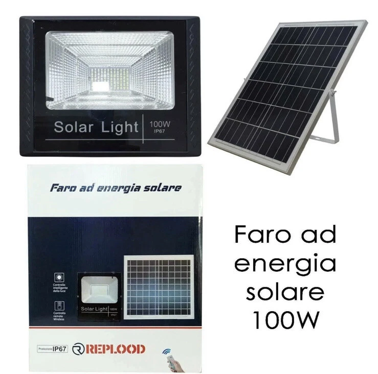 Faro Led 100 Watt con Pannello Solare Crepuscolare Proiettore IP67 + Telecomando - Immagine 2 di 4