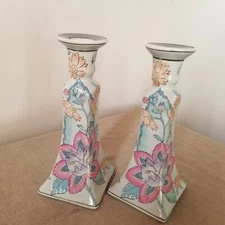 Chinoiserie Candlestick Holder Porcelain, Pastel Raised Floral 8½" Tall Pair
