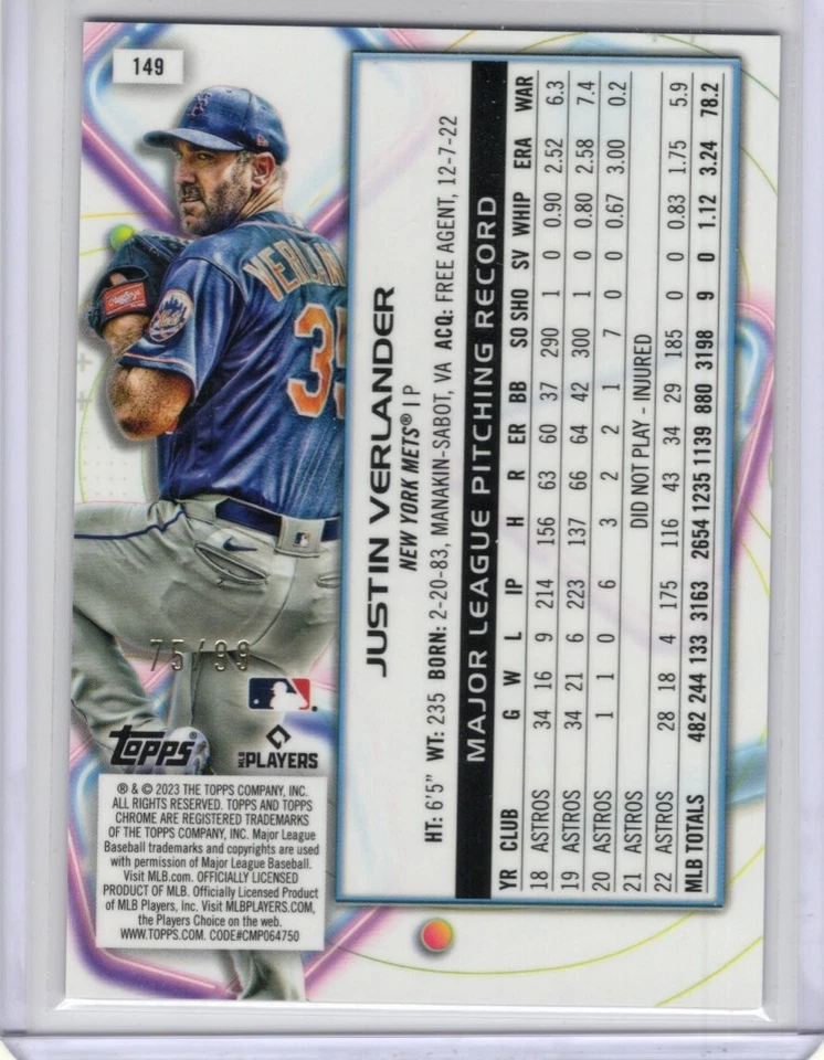 2023 Topps Cosmic Chrome #149 Justin Verlander Blue Moon 75/99 - Image 2 of 2