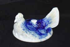 Antique Atterbury Hen On Nest Milk Glass TOP ONLY Split Tail Marbled Blue White